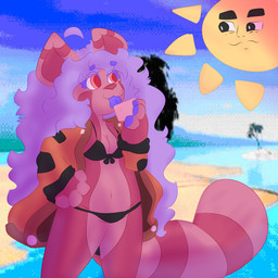 :3 anthro beach big_tail bikini bikini_bottom bikini_top clothing female hair jacket purple_hair solo sun swimwear tail topwear two-piece_swimsuit eljardindeluna luna_(eljardindeluna) ailurid mammal red_panda 1:1 hi_res