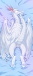 anus blue_eyes bodily_fluids claws dakimakura feathered_wings feathers female feral finger_claws genital_fluids genitals horn looking_at_viewer membrane_(anatomy) membranous_wings open_mouth pussy scales smile solo tail toe_claws vaginal_fluids white_body white_scales wing_claws wings hyhlion european_mythology mythology dragon mythological_creature mythological_scalie scalie western_dragon 2021 dakimakura_design digital_media_(artwork) hi_res