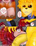 4:5 absurd_res animatronic anthro blush bodily_fluids breasts clothing comic deep_throat discordmelody drooling english_text fellatio female five_nights_at_freddy's freckles genitals glans golden_freddy_(fnaf) hi_res jasmine_ivory lips machine male mammal nipples oral oral_penetration penetration penile penis robot saliva scottgames sex text tongue yellow_glans yellow_penis