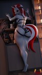 anthro anthrofied black_eyeliner butt eyeliner feet female hair horn humanoid_feet lips lipstick looking_at_viewer makeup multicolored_hair plantigrade red_eyes red_hair red_lips red_lipstick red_tail straps tail tattoo thick_thighs two_tone_hair white_body white_hair white_tail loveslove hasbro my_little_pony mythology fan_character lovers_(oc) equid equine mammal mythological_creature mythological_equine unicorn 3d_(artwork) absurd_res digital_media_(artwork) hi_res