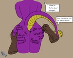 anthro athletic big_butt body_writing brown_body brown_fur butt clubbed_tail degradation duo fingers fur hand_on_butt heart_symbol hooved_fingers hooves male marker profanity purple_body purple_scales scales simple_background simple_coloring solo_focus speech_bubble tail text vein weapon_tail writing_on_butt writing_utensil yellow_body yellow_scales chris_monty mythology fan_character inhliziyo_yegolide sebastian_yegolide dragon mammal mythological_creature mythological_scalie reptile scalie suid suine warthog english_text signature