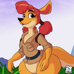 anthro backpack belt big_butt black_eyes black_nose bottomless butt clothed clothing eyelashes featureless_crotch female grass green_eyes hair looking_at_viewer pigtails plant red_hair smile solo thick_thighs wide_hips dedoarts activision spyro_reignited_trilogy spyro_the_dragon sheila_(spyro) kangaroo macropod mammal marsupial 1:1 2018 digital_media_(artwork) hi_res signature