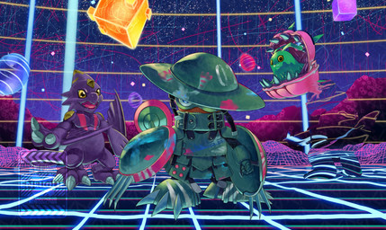 antennae_(anatomy) anthro armor claws detailed_background eyewear female feral goggles group headgear helmet male shell smile trio wings enrique_mr_blue bandai_namco digimon digimon_beatbreak digimon_(species) ludomon monodramon scalie syakomon absurd_res hi_res