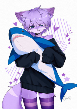anthro black_clothing black_eyebrows black_nose black_topwear blue_eyes clothing eyebrows front_view fur hair hug hugging_object hugging_plushie legwear male pattern_clothing pattern_legwear pattern_stockings plushie purple_body purple_clothing purple_fur purple_hair purple_legwear purple_stockings purple_tail solo stockings striped_clothing striped_legwear striped_stockings stripes tail topwear fernixsss ikea blahaj domestic_cat felid feline felis mammal absurd_res colored digital_drawing_(artwork) digital_media_(artwork) hi_res shaded