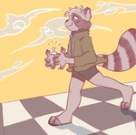 ambiguous_gender anthro blush blush_lines bottomwear brown_eyes chess chess_board chess_piece clothed clothing cloud electronics excited fur fur_tuft headphones headphones_around_neck highlights_(coloring) hotpants jacket markings partially_clothed patterns pawn_(chess) raccoon_tail raised_tail shorts sky solo striped_body striped_fur striped_markings striped_tail stripes tail tail_markings topwear tuft walking teeveeomegas teevee_(teeveeomegas) mammal procyonid pyrocyonidae raccoon digital_media_(artwork) low_res shaded signature