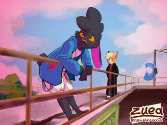 anthro black_body black_fur clothed clothing detailed_background duo fur male smile white_body white_fur yellow_eyes zuea humanoid lagomorph leporid mammal rabbit unknown_species absurd_res hi_res shaded