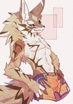 anthro black_sclera bottomwear brown_body brown_fur clothing fur green_eyes looking_at_viewer male pants solo striped_body striped_fur stripes tail white_body ka_ramono lifewonders tokyo_afterschool_summoners seth_(tas) canid canine canis jackal mammal 2024 hi_res