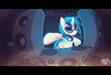 ambiguous_gender black_bars disc_jockey electronics fisheye_lens headphones horn record_player solo speaker rudragon friendship_is_magic hasbro my_little_pony mythology vinyl_scratch_(mlp) equid equine mammal mythological_creature mythological_equine unicorn letterbox
