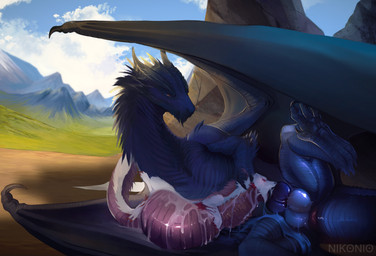 2_penises ambiguous_gender anus arm_spikes arm_tuft balls blue_body bodily_fluids claws countershading cum cum_inflation cum_inside cum_on_belly cum_on_body cum_on_face duo elbow_spikes elbow_tuft eyes_closed facial_hair facial_spikes feral finger_claws foot_tuft genital_fluids genitals goatee head_grab heel_tuft inflation lying male multi_genitalia multi_penis nude on_side orange_eyes outside_sex penis penis_in_mouth pink_body pink_countershading sex shoulder_tuft spikes spikes_(anatomy) toe_claws tuft white_body white_countershading 4nikonio4 mythology dragon mythological_creature mythological_scalie scalie hi_res signature
