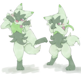 ambiguous_gender anthro blush blush_lines claws covering covering_face fangs fur green_body green_fur heart_symbol looking_at_viewer one_eye_closed open_mouth paws pink_eyes raised_leg shy simple_background solo tail teeth tongue k_mono nintendo pokemon felid feline floragato generation_9_pokemon mammal pokemon_(species) 2022