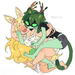 4_fingers 4_toes >:3 alternate_species anthro antlers blonde_hair blush blush_lines bottomwear breasts buckteeth carrot claws clothing dress duo feet female fingers food green_body green_ears green_eyes green_hair green_pupils green_tail hair horn leaf leaf_hair mask motion_lines plant plant_hair pseudo_hair pupils shirt shorts simple_background t-shirt tail tan_body teeth text toes topwear vegetable white_background yakza_draw adventure_time cartoon_network fionna_and_cake fionna_and_cake_(franchise) fionna_the_human huntress_wizard elemental_creature felid feline flora_fauna humanoid hybrid lagomorph mammal 1:1 absurd_res artist_name hi_res
