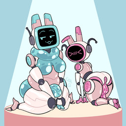 :3 >///< antenna_wire anthro anus backsack balls belly breasts butt clothing duo embarrassed featureless_breasts flaccid footwear gender_symbol genitals glistening glistening_body gynomorph high_heels humanoid_genitalia humanoid_penis intersex kneeling male male_symbol penis rear_view shoes slightly_chubby slightly_chubby_anthro symbol thick_thighs edith_is_dead lagomorph leporid mammal rabbit robot_anthro 1:1 hi_res