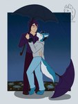 anthro blush clothed clothing duo hug human_on_anthro interspecies male male/male raining romantic romantic_couple sarkery_drawings stardew_valley perry_(skitch) sebastian_(stardew_valley) canid canine canis human mammal wolf hi_res