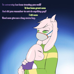 anthro clock clothing duo female green_clothing green_sweater green_topwear hug male mask pattern_clothing pattern_sweater pattern_topwear portal_mask striped_clothing striped_sweater striped_topwear stripes sweater text thinking_with_portals topwear watch wzzzki deltarune undertale undertale_(series) asriel_dreemurr toriel boss_monster_(undertale) bovid caprine goat mammal 1:1 hi_res