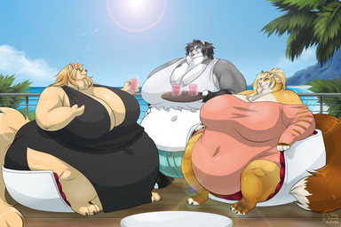 anthro beach belly beverage big_belly big_breasts breasts chair clothing deck_(structure) dress female furniture group huge_belly huge_breasts hyper hyper_belly morbidly_obese obese obese_female overweight overweight_female patio plant seaside sun tree biglovealicia alicia_(biglovealicia) amy_(biglovealicia) canid canine canis fox mammal wolf