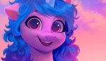 blue_hair female fur hair horn looking_at_viewer purple_body purple_eyes purple_fur smile solo teeth imalou hasbro mlp_g5 my_little_pony mythology izzy_moonbow_(mlp) equid equine mammal mythological_creature mythological_equine unicorn absurd_res digital_media_(artwork) hi_res