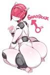 big_butt blush butt butt_focus feet femboy gender_symbol gesture hair hair_over_eyes kneeling looking_back machine male male_symbol nude pink_male_symbol rear_view red_hair simple_background soles solo symbol text thick_thighs waving white_background wide_hips lightsource robot_neoanthropinae_polynian shamrock_(polynian) humanoid robot english_text hi_res