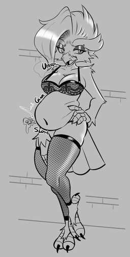 5_fingers after_vore anthro anthro_pred beak belly big_belly bloated bra breasts burping cleavage clothed clothed_anthro clothed_female clothing death digestion digestion_noises eyebrow_piercing eyebrows eyeliner eyeshadow facial_piercing fatal_vore feathers female female_anthro female_pred fingers fishnet_clothing fishnet_legwear fishnet_thigh_highs front_view fur hair leaning_on_wall legwear makeup non-mammal_breasts open_beak open_mouth piercing post_vore_weight_gain simple_background skimpy skull_symbol sloshing_belly solo tail tail_feathers thigh_highs underwear vore gothmeup joy_(shammy) avian bird owl 2024 digital_drawing_(artwork) digital_media_(artwork) full-length_portrait greyscale hi_res monochrome portrait
