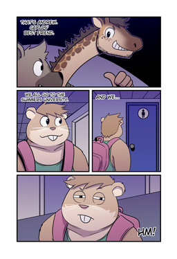 anthro backpack brown_body brown_fur brown_hair brown_mane clothing dialogue door eye_contact four_frame_image fur gesture green_clothing green_shirt green_topwear group hair hand_gesture inner_monologue inside long_neck looking_at_another looking_at_door male mane name_in_dialogue restroom_sign shirt smile smiling_at_another smiling_at_each_other squinted_eyes tan_body tank_top text thinking thumbs_up topwear trio whiskers yellow_body t0l0k andrew_(t0l0k) carlos_(t0l0k) samuel_(t0l0k) cricetid giraffe giraffid hamster hyena mammal rodent comic english_text hi_res multiple_scenes