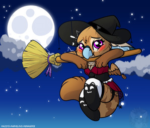 anthro beak breasts clothed clothing costume feathered_wings feathers female fur holding_object holidays looking_at_viewer moon night outside sky solo star tail topwear wings chaoticmazzy halloween hang_in_there mythology mazzy_techna avian bird gryphon mythological_avian mythological_creature absurd_res digital_media_(artwork) hi_res