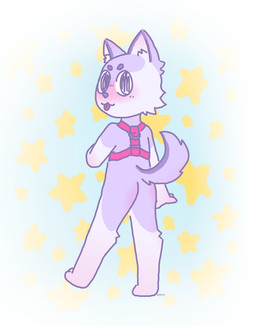 :3 anthro blep blush butt fur harness male pattern_background purple_body purple_fur rear_view simple_background solo star-shaped_background star_polygon tongue tongue_out young young_male bravobunny canid canine canis domestic_dog husky mammal nordic_sled_dog spitz full-length_portrait hi_res portrait