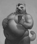 anthro belly big_belly blep casual_nudity double_chin electronics eyebrows featureless_crotch fingernails fingers grey_background hair hand_on_belly happy holding_object holding_phone looking_at_viewer love_handles male moobs nails narrowed_eyes navel nude obese obese_anthro obese_male overweight overweight_anthro overweight_male phone selfie simple_background snout solo standing thick_thighs three-quarter_view tongue tongue_out chubby-shark laxim_(laximate) mammal mink mustelid musteline true_musteline 2023 digital_media_(artwork) digital_painting_(artwork) greyscale monochrome portrait shaded soft_shading three-quarter_portrait