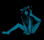 anthro black_and_blue black_background black_sclera blep breasts canid canine canis carol_(hladilnik) cleavage clothed clothing convenient_censorship domestic_dog exclamation_point female ghost hair hladilnik looking_at_viewer mammal monochrome nude possession scratching simple_background solo spirit tongue tongue_out