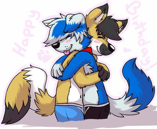 anthro biped black_body black_clothing black_ears black_fur black_nose black_underwear blep blue_body blue_clothing blue_ears blue_fur blue_hair blue_underwear blush boxer_briefs clothed clothing dipstick_ears dipstick_tail duo ear_markings eyes_closed floppy_ears fur hair happy_birthday heart_symbol hug kerchief male markings monotone_hair multicolored_body multicolored_ears multicolored_fur multicolored_hair partially_clothed red_kerchief simple_background tail tail_markings tongue tongue_out two_tone_body two_tone_ears two_tone_fur two_tone_hair underwear white_body white_ears white_fur white_hair white_inner_ear yellow_body yellow_ears yellow_fur gaokun gao_(gaokun) border_collie canid canine canis collie domestic_dog herding_dog hybrid mammal nordic_sled_dog pastoral_dog samoyed sheepdog spitz 2015