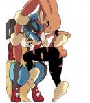 ambiguous_gender anthro black_body black_fur blue_body blue_fur blush bodily_fluids breath duo fight fur red_body red_fur tears teeth yellow_body yellow_fur toraneko38 nintendo pokemon canid canine generation_6_pokemon lagomorph mammal mega_evolution mega_lopunny mega_lucario pokemon_(species)