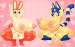 anthro areola big_breasts blue_hair blush breasts crouching duo female genitals hair hands_behind_head heart_symbol huge_breasts hyper hyper_breasts looking_at_viewer nipples pink_background pussy simple_background smile spread_legs spreading yellow_body omenyanozero animal_crossing nintendo ankha_(animal_crossing) bunnie_(animal_crossing) domestic_cat felid feline felis lagomorph leporid mammal rabbit absurd_res censored hi_res