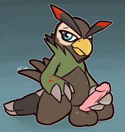 avian_feet balls beak blue_eyes blush blush_lines brown_body brown_feathers claws erection feather_markings feathers genitals green_body green_feathers holding_penis humanoid_genitalia humanoid_penis male markings multicolored_body non-mammal_balls penis solo yellow_beak ultilix bandai_namco digimon falcomon_(survive) avian digimon_(species)