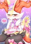 amber_eyes anthro biped blush bottomwear bow_panties bow_underwear clothed clothing clothing_lift colored_edge_panties cute_fangs fangs feet female half-closed_eyes happy hat headgear headwear heart_symbol inner_ear_fluff kneeling looking_at_viewer magical_girl_outfit mini_top_hat narrowed_eyes open_mouth orange_inner_ear_fluff panties pink_bottomwear pink_clothing pink_panties pink_underwear pseudo_skirt purple_background purple_bow raised_hand ribbons simple_background sitting skirt skirt_lift smile solo speech_bubble teeth top_hat tuft underwear upskirt white_bow negoya nintendo pokemon braixen canid generation_6_pokemon mammal pokemon_(species)