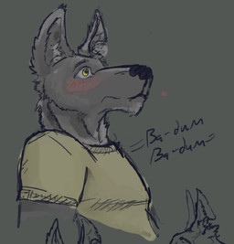anthro blush clothed clothing flustered fur heartbeat machine male solo sound_effects text yellow_eyes dad_bot.exe android canid canine canis mammal robot s.n.i.p.e wolf english_text hi_res sketch