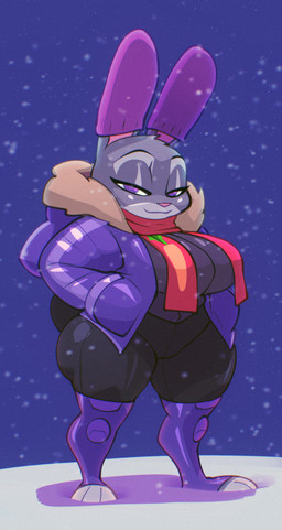 anthro barefoot big_breasts bottomwear breasts closed_smile clothed clothed_anthro clothed_female clothing ear_warmers earwear eyebrows eyeliner feet female female_anthro fur furgonomic_headwear furgonomics grey_body grey_fur hands_in_both_pockets jacket looking_at_viewer makeup mouth_closed pink_nose purple_eyes red_scarf scarf shortstack simple_background smile snow snowing solo standing tail thick_thighs topwear bigdad disney zootopia judy_hopps european_rabbit lagomorph leporid mammal oryctolagus rabbit 2026