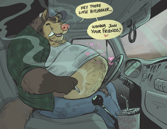 abdominal_bulge anthro belly big_belly bodily_fluids bodily_noises bottomwear cigarette clothed clothing denim denim_bottomwear denim_clothing dialogue dirty drooling fully_inside glurgle heart_after_text heart_symbol hitchhiking jeans layered_heart linked_speech_bubble male mature_male muffled obese onomatopoeia overweight overweight_male pants raised_clothing raised_shirt raised_topwear rumbling_stomach saliva same_size_vore shirt solo sound_effect_variant sound_effects speech_bubble steering_wheel text text_with_heart topwear truck trucker tusks vehicle vore vowelless vowelless_sound_effect vowelless_vocalization dramamine canid canine canis coyote mammal werecreature english_text