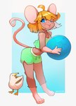 3_toes 4_fingers ahoge anthro ball beach_ball big_breasts big_ears blonde_hair blue_eyes blush bottomwear breasts brown_body brown_fur buckteeth clothing dolphin_shorts eyebrow_through_hair eyebrows eyelashes feet female female_anthro fingers fur furgonomics hair holding_ball holding_object inflatable looking_at_viewer midriff navel open_mouth open_smile pink_nose shirt short_hair shorts smile solo standing tank_top teeth toes topwear translucent translucent_hair yellowparrottw avian bird gull lari larid mammal mouse murid murine rodent 2023 absurd_res digital_media_(artwork) hi_res