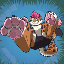 anthro black_body black_bottomwear black_clothing black_ears black_fur black_pants black_tail_tip bottomwear clothed clothing dipstick_tail eyebrows feet first_person_view foot_focus fur glistening glistening_pawpads green_eyes hair looking_at_viewer low-angle_view macro macro_focus male male_anthro markings multicolored_body multicolored_fur orange_body orange_fur pants pawpads paws pink_eyebrows pink_hair shorts shorts_only solo stomping_pov stomping_viewer stripes tail tail_markings tawny_body tawny_fur topless white_body white_fur worm's-eye_view akudrache mini_(miniminmins) felid feline leopard_cat mammal prionailurus 1:1 absurd_res hi_res male_(lore)