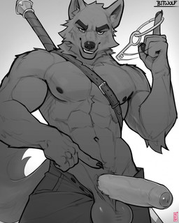 anthro balls big_penis bottomwear claws clothed clothing erection eyebrows foreskin genitals grin humanoid_genitalia humanoid_penis key keyring male melee_weapon muscular muscular_anthro muscular_male open_bottomwear open_clothing open_pants pants pecs penis smile solo swinging sword sword_on_back thick_eyebrows topless topless_anthro topless_male weapon sinsquared b1tw0lf_(b1tw0lf) canid canine canis mammal wolf greyscale hi_res monochrome