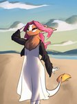 beach brown_body brown_fur clothing cloud dress female fur hair long_hair looking_at_viewer pink_eyes pink_hair sea seaside sky sweater topwear translucent translucent_clothing water white_body white_fur feretta meeka_rose dra'essa 2021 digital_media_(artwork) hi_res shaded