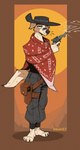 anthro barefoot clothed clothing cowboy cowboy_hat feet gun handgun hat headgear headwear holster male plantigrade poncho ranged_weapon revolver simple_background solo weapon mawkvlt canid canine canis domestic_dog mammal absurd_res hi_res