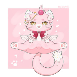 bow_ribbon cheek_tuft cloak clothing dipstick_tail facial_tuft feet female female_feral feral floating_wings front_view fur heart_in_pupils heart_symbol hearts_around_head hindpaw leg_markings looking_at_viewer markings narrowed_eyes paws pink_background pink_body pink_fur quadruped simple_background socks_(marking) solo spreading sprinkles_in_fur tail tail_markings text tuft unusual_anatomy unusual_wings whiskers white_background wings yellow_eyes zyuuniie domestic_cat felid feline felis mammal 1:1 2026 absurd_res artist_name cel_shading digital_drawing_(artwork) digital_media_(artwork) hi_res shaded