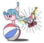 ball blue_hair clothing duo fangs female fool's_hat footwear hair hair_over_eyes hat headgear headwear male neck_bow open_mouth pink_body pink_skin purple_eyes shoes simple_background smile teeth white_background anonymous_artist kirby_(series) nintendo pokemon marx_(kirby) generation_8_pokemon hatenna pokemon_(species) waddling_head 2019 crossover