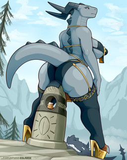 anthro big_breasts big_butt bikini bikini_top biped breasts butt clothed clothing dessert detailed_background duo female food footwear garter_straps glistening glistening_body grey_body high_heels horn legwear looking_back mountain non-mammal_breasts outside plant platform_footwear platform_heels pupils rear_view shoes smile solo_focus standing sweetroll swimwear tail thigh_highs tree two-piece_swimsuit colarix bethesda_game_studios microsoft mythology skyrim the_elder_scrolls alduin milfnir dragon mythological_creature mythological_scalie scalie absurd_res hi_res