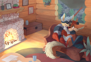 anthro bench black_nose black_whiskers brown_body brown_fur brown_nose chest_(container) coffee_table container cuddling cup detailed_background duo ear_tuft eye_contact feet fire fireplace floor fur furniture grey_body grey_fur grin hindpaw houseplant hug hugging_another inside log_cabin looking_at_another male male/male mantlepiece nude on_bench one_eye_closed open_mouth open_smile paws raining rug smile soles table tail tan_body tan_fur tuft wall_art whiskers window wood wood_floor yellow_eyes darmp mammal procyonid raccoon rodent sciurid tree_squirrel 2014 digital_media_(artwork) digital_painting_(artwork) painting_(artwork) shaded