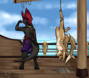 anthro bdsm bent_leg bite_mark black_body black_scales black_sclera blue_eyes bondage bottomwear bound captured clothing dagger dripping dripping_wet duo fin fingers flexing flexing_bicep floor gills gold_(metal) hands_behind_head hands_tied hanging_by_feet hanging_upside_down harpoon jewelry larger_male legs_tied looking_at_viewer looking_back male melee_weapon outside pants pirate polearm presenting purple_bottomwear purple_clothing purple_pants red_body red_crest restraints rope rope_bondage sash scales scar scared sea ship size_difference spear tail tail_tied tan_body upside_down vehicle water watercraft weapon wet white_body wood wood_floor yellow_body komradjurij divinity_(series) aniela_(komradjurij) aquatic fish lizard lizard_(divinity) lizardman reptile scalie shark 2024 digital_drawing_(artwork) digital_media_(artwork) digital_painting_(artwork) hi_res painting_(artwork) signature
