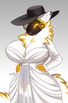 alcina_dimitrescu anthro big_breasts bow_experiment_(resident_evil) breasts capcom clothed clothing cosplay curvy_female curvy_figure digital_media_(artwork) dress female flat_colors fluffy fur hair hat headgear headwear heart_symbol hi_res huge_breasts juno_(my_furry_protogen) legwear looking_at_viewer machine piercing protogen protogen_visor resident_evil seductive simple_background sketch solo sun_hat tail thick_thighs thigh_highs wide_hips zhadart
