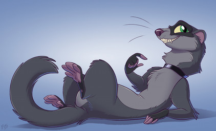 collar collar_only fangs feral fur green_eyes grey_body grey_fur looking_away lying male nude on_back paws simple_background smile snout solo tail teeth yellow_sclera mimi-fox domestic_ferret mammal mustelid musteline true_musteline weasel colored digital_drawing_(artwork) digital_media_(artwork) shaded