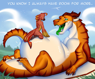 2_horns abdominal_bulge anthro beak belly big_belly bodily_fluids brown_claws claws day duo eye_contact fangs feral feral_pred forked_tongue grass horn huge_belly imminent_vore larger_feral larger_pred looking_at_another lying male membrane_(anatomy) membranous_wings motion_lines nude on_back open_mouth outside plant saliva sitting sitting_on_another size_difference sky smaller_anthro spikes spikes_(anatomy) talking_to_another teeth text tongue tongue_out vore wings orca24a mythology avian bird dragon mythological_creature mythological_scalie scalie 2022 colored digital_drawing_(artwork) digital_media_(artwork) english_text shaded