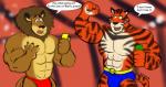 anthro blue_clothing blue_speedo blue_swimwear brown_body clothing duo male mane muscular orange_body red_clothing red_speedo red_swimwear speedo stripes swimwear text caseyljones dreamworks madagascar_(series) alex_(madagascar) vitaly_(madagascar) felid lion mammal pantherine tiger