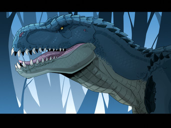 ambiguous_feral ambiguous_gender blue_body blue_scales detailed_background feral glistening glistening_eyes grey_body grey_scales open_mouth pink_tongue pupils scales side_view slit_pupils solo teeth tongue yellow_eyes swampjaws king_kong_(2005) dinosaur prehistoric_species reptile saurischian scalie theropod vastatosaurus_rex
